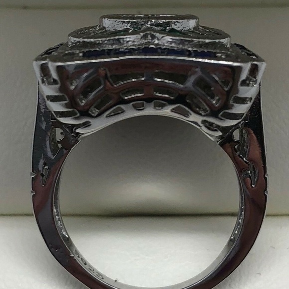 Ladies Fashion CZ, Emerald and Sapphire Ring with Pierced Scrollwork Sides sz 6 - Picture 2 of 3